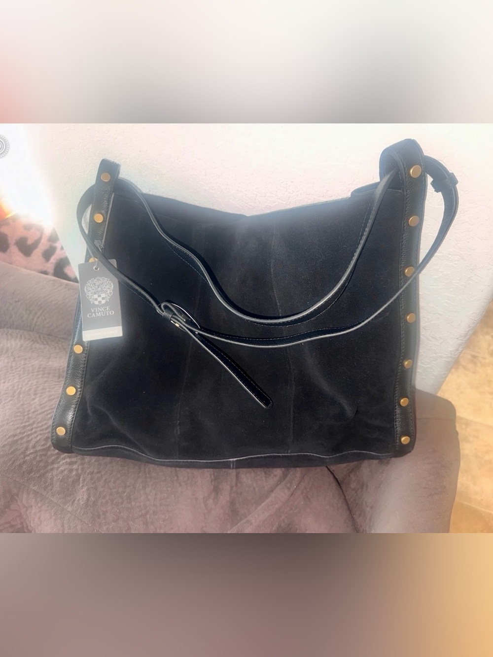 Vince Camuto Lisha Studded Black Suede Tote Bag NWT